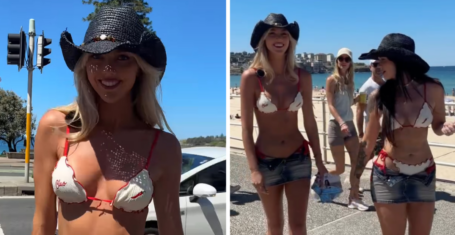 Annie Knight does Bonnie Blue style stunt on Bondi Beach