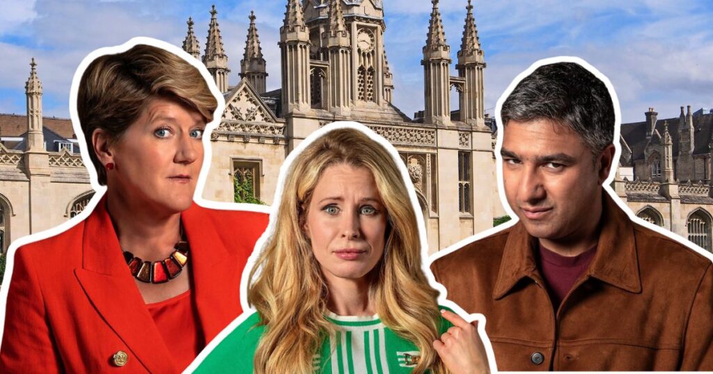 lucy nick and clare balding from the celebrity traitors cast and also trinity college from the university of cambridge