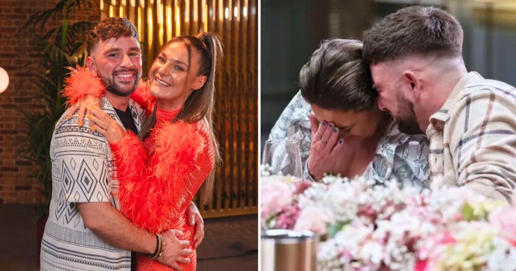 kieran and kristina from mafs uk 2024 looking happy at the first dinner party then really quite miserable and one of the last ones