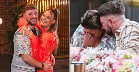 kieran and kristina from mafs uk 2024 looking happy at the first dinner party then really quite miserable and one of the last ones