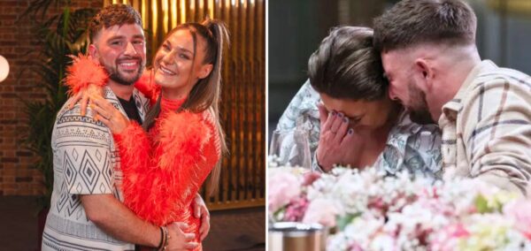 kieran and kristina from mafs uk 2024 looking happy at the first dinner party then really quite miserable and one of the last ones