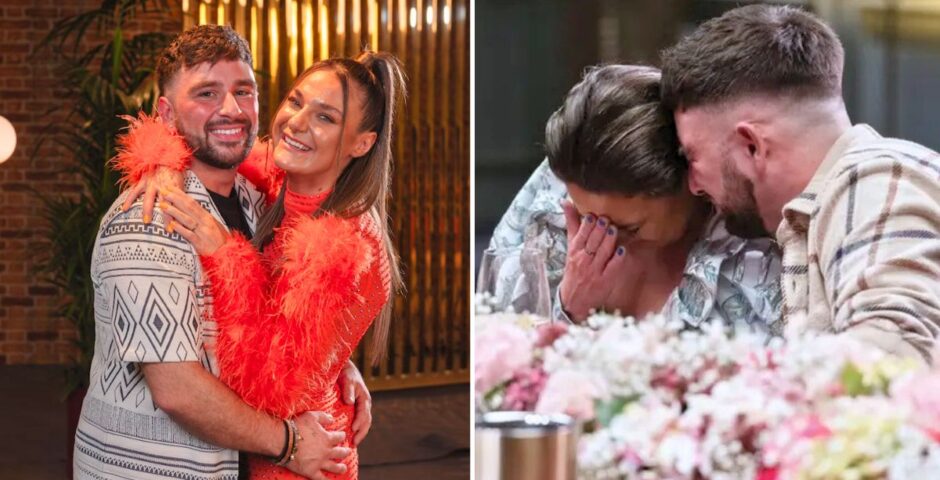 kieran and kristina from mafs uk 2024 looking happy at the first dinner party then really quite miserable and one of the last ones