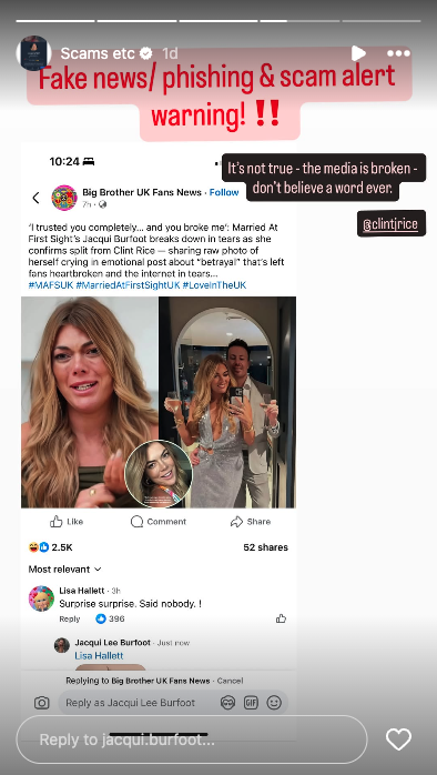 jacqui burfoot instagram story saying she hasn't broken up with clint from mafs