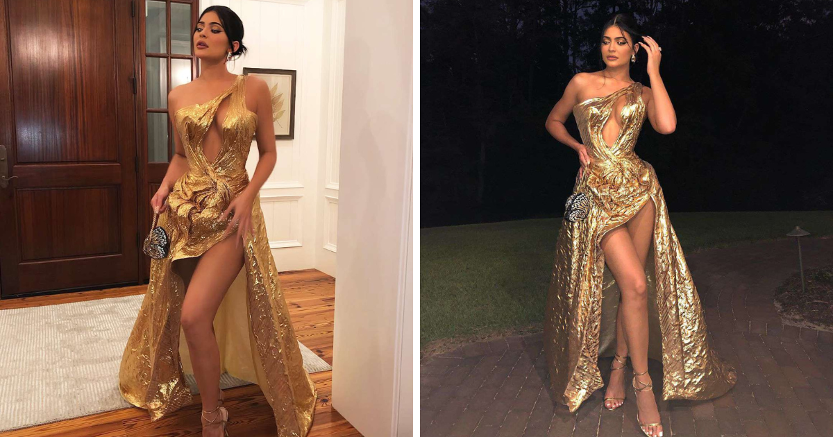 kylie jenner gold dress price addresses backlash to worn at Bieber wedding Shiny