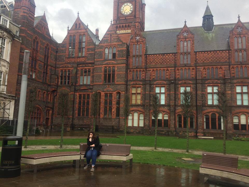 A gloomy-looking day at the Uni of Liverpool campus and a stressed anxious russell group uni student