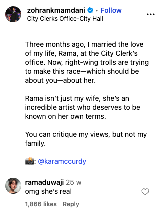 rama and zohran mayor how she helped him win campaign instagram comment