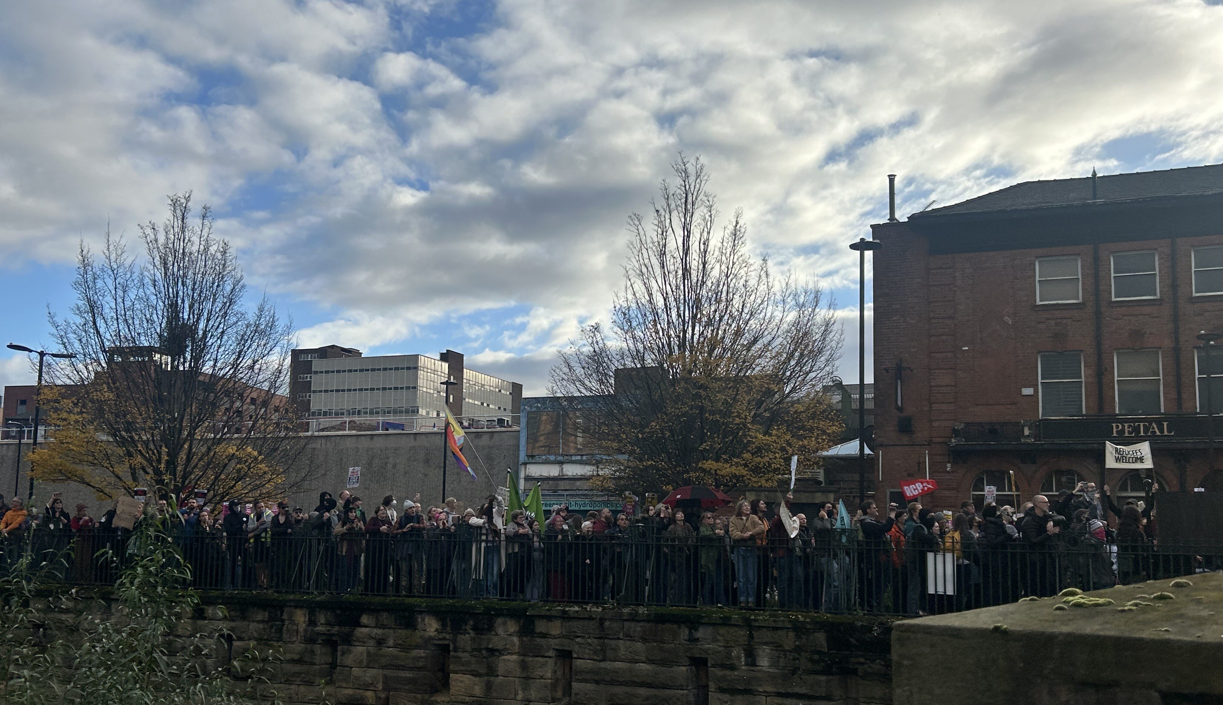 Stand Up To Racism protestors gather near Castlegate in Sheffield, opposing the UKIP rally