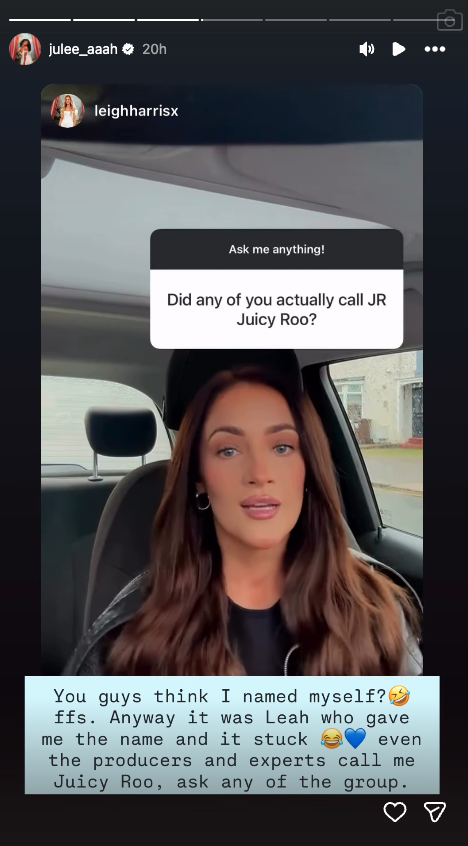 Julia-Ruth's Instagram story about juicy-roo nickname