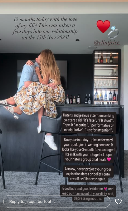 Jacqui's Instagram story on anniversary with clint