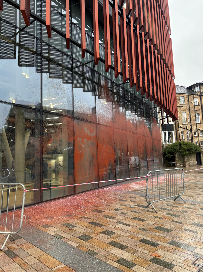 The JMS Building after it had been spray painted