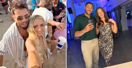 mafs uk 2024 groom nathan campbell with the love island girlfriend abi moores then rebecca and bailey from mafs 2025 who have split now