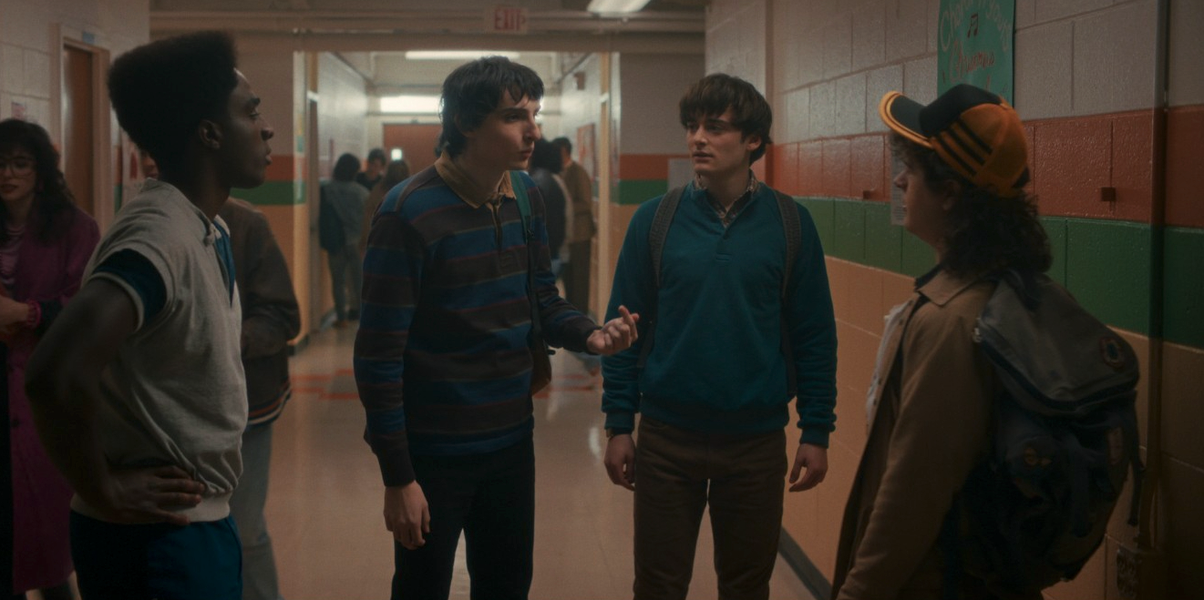 The school corridor in stranger things season five featuring emo Dustin(Image via Netflix)