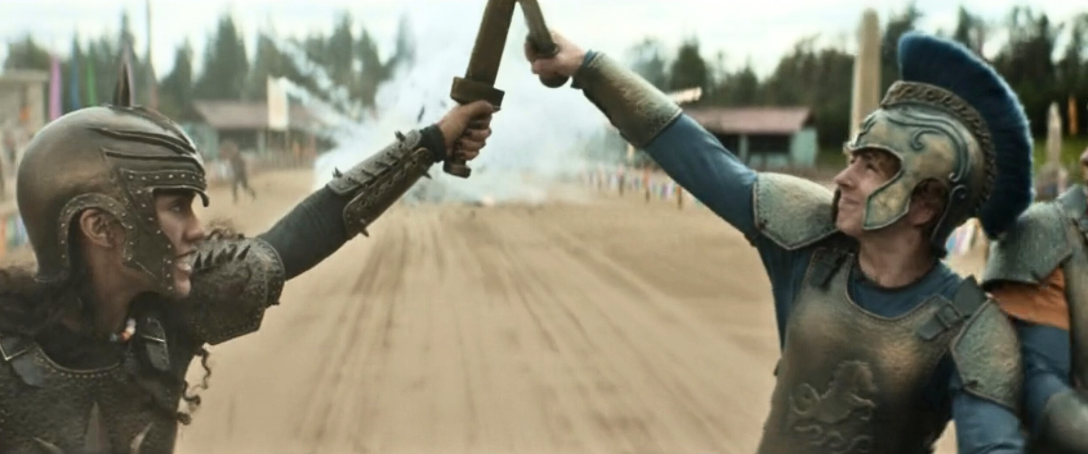 Clarisse and Percy fighting during the chariot race