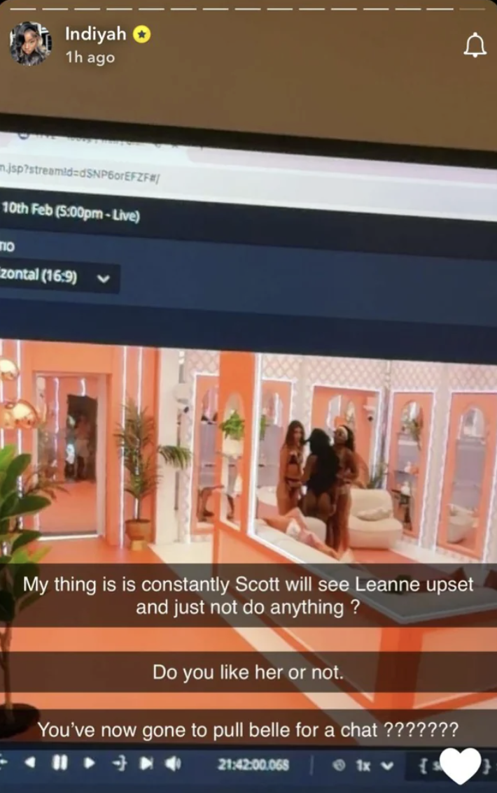 love island indiyah on scott leanne belle