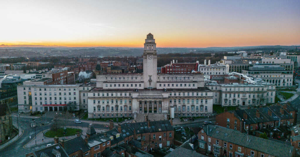 The image shows a view of the Parkinson building at the University of Leeds