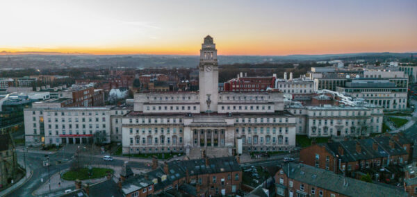 The image shows a view of the Parkinson building at the University of Leeds
