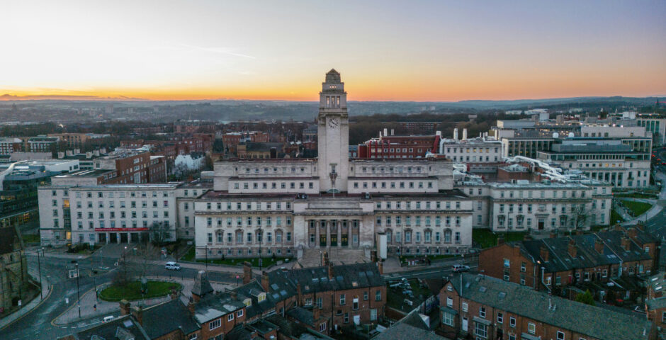 The image shows a view of the Parkinson building at the University of Leeds