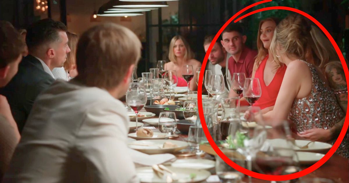 mafs bec and gia hugging at a dinner party