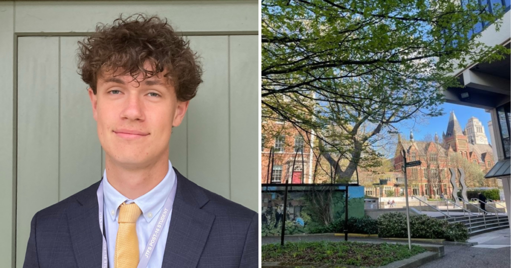A student on the left and a picture of the uni of Leeds campus on the right