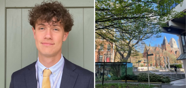 A student on the left and a picture of the uni of Leeds campus on the right