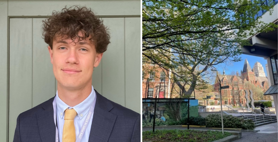 A student on the left and a picture of the uni of Leeds campus on the right