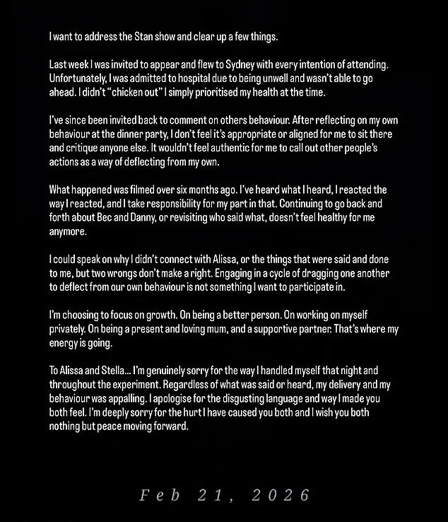 Gia apology MAFS Aus dinner party