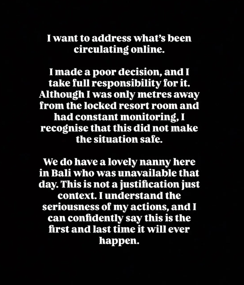 influencer apologises for leaving baby in hotel room