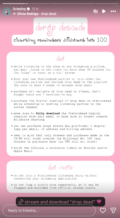 oliva rodrigo drop dead fan club charting reminders